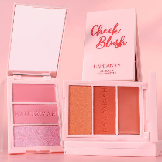 Handaiyan cheek blush trio palette on a pink background