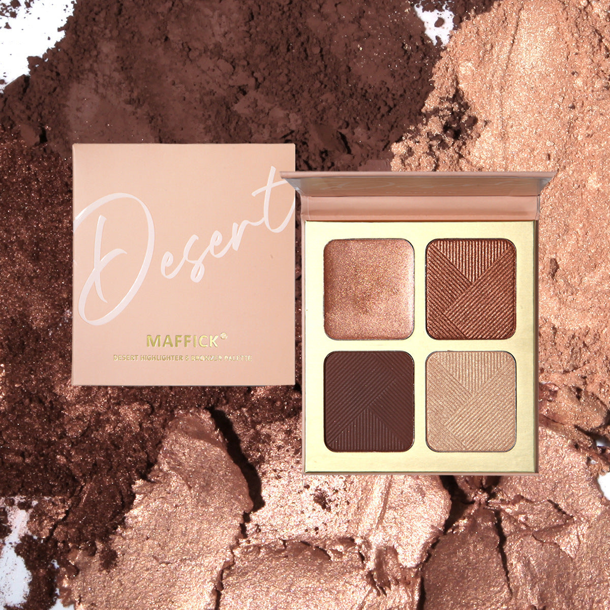 Makeup palette with four shades on a textured brown background
