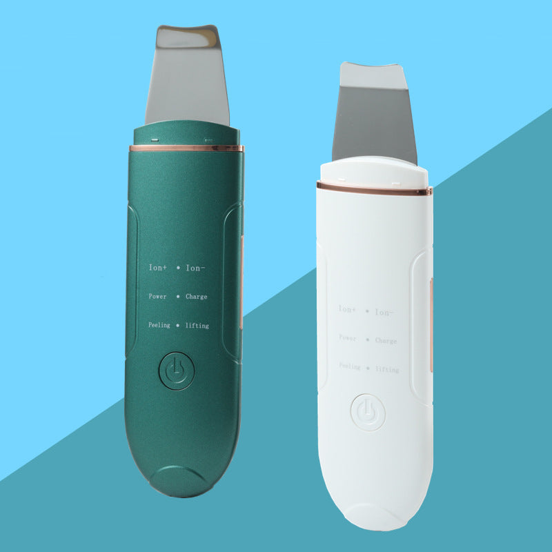 Two electronic Rejuvenation Ultrasonic Skin Shoveling Machine devices, one green and one white, on a blue background