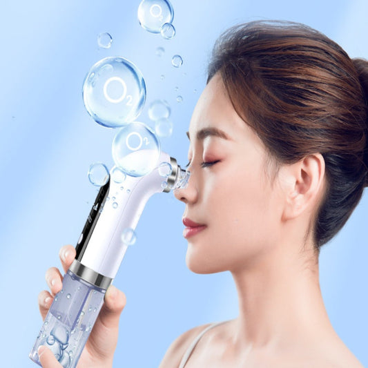 Woman using a facial steamer with bubbles on a blue background