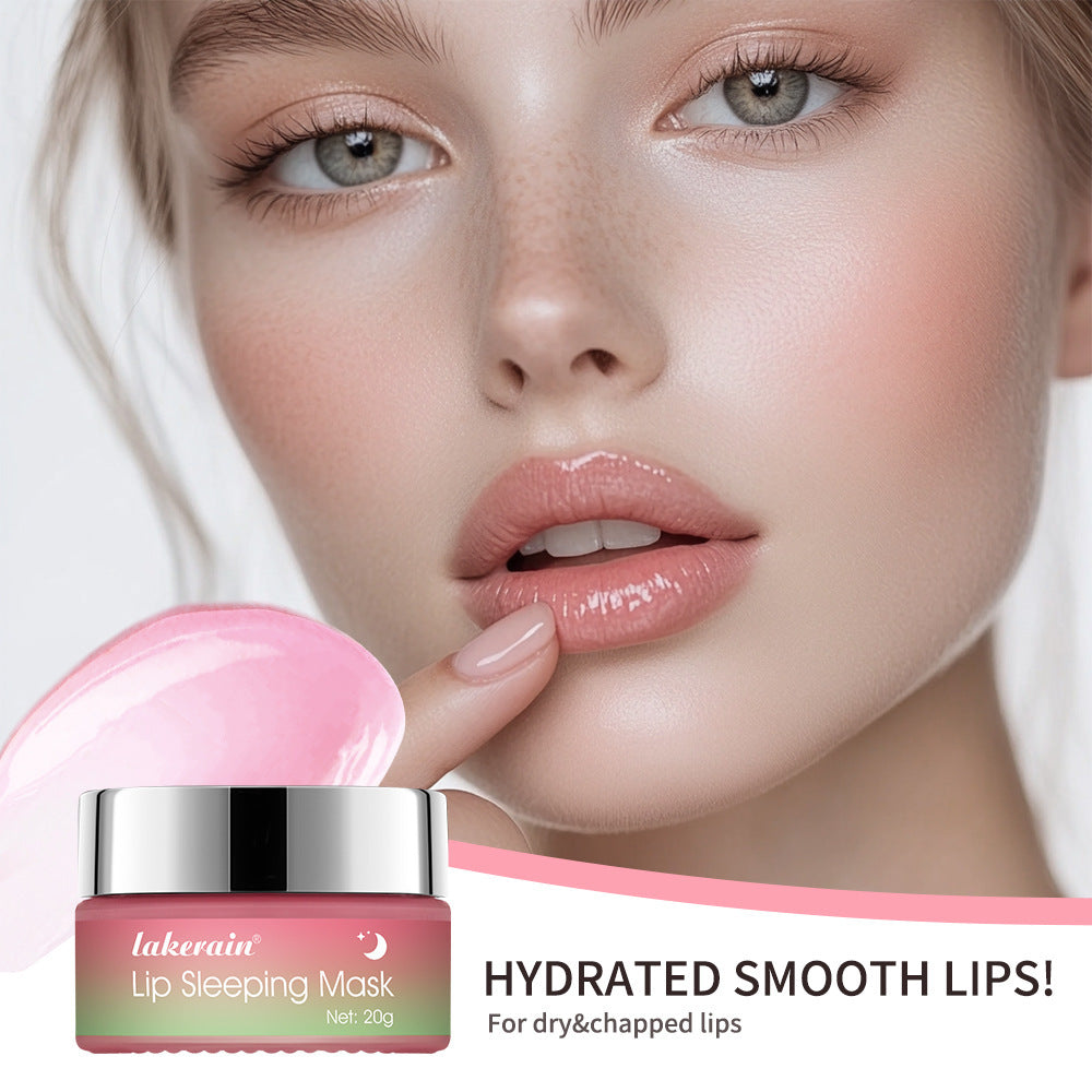 Lip sleeping mask with a close-up of lips and text 'Hydrated Smooth Lips' on a white background.